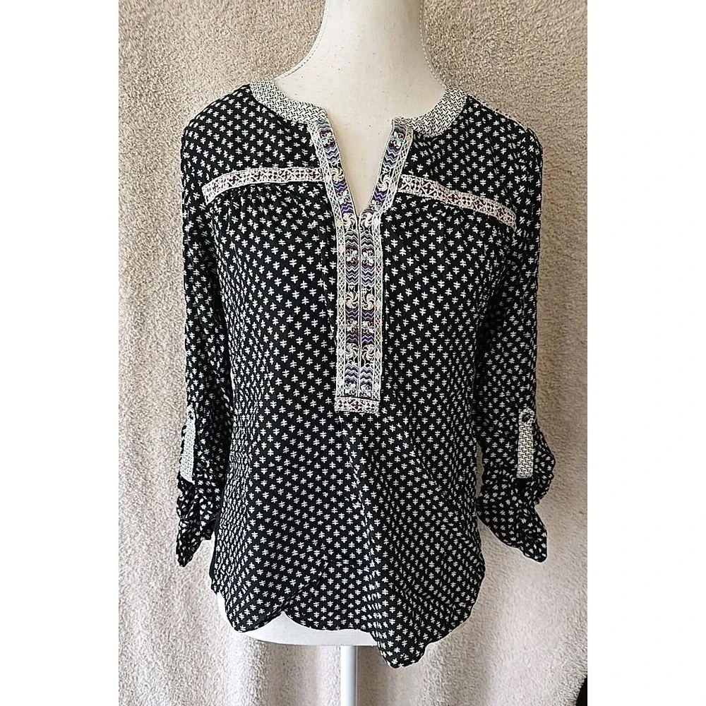 Skies Are Blue Boho Tunic Tab Sleeves Black White‎ Embroidery Women's Size S